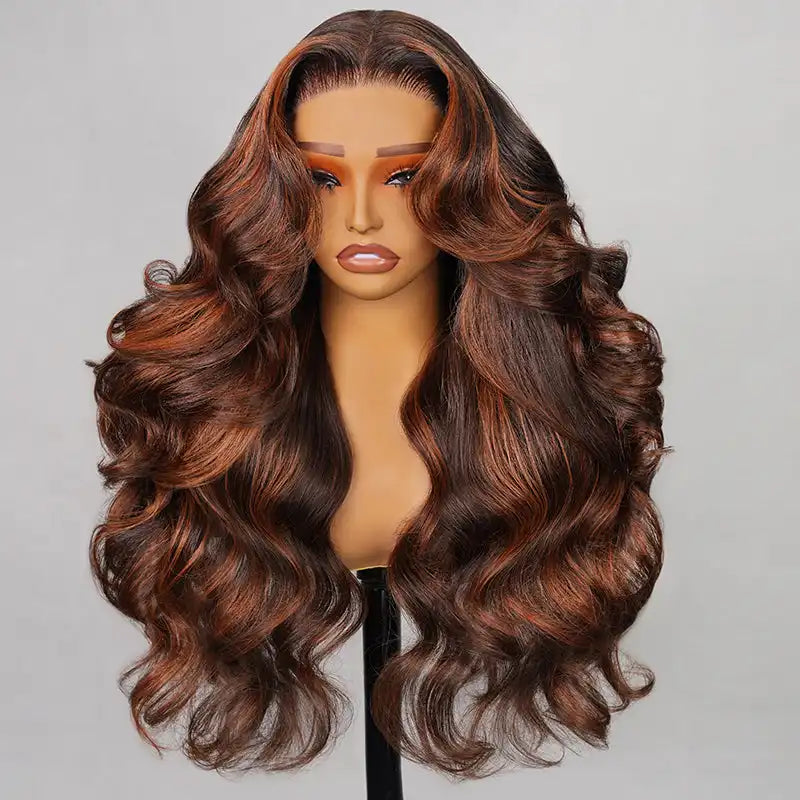 6x6 Pre-Cut Long Wavy Glueless Wig - Caramel Ombre