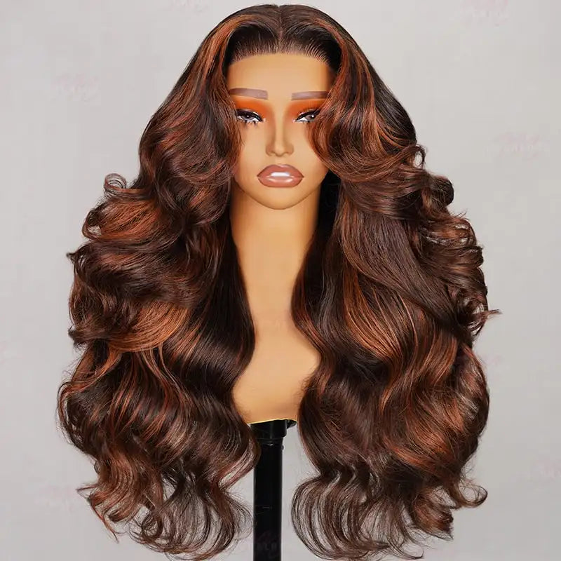 6x6 Pre-Cut Long Wavy Glueless Wig - Caramel Ombre