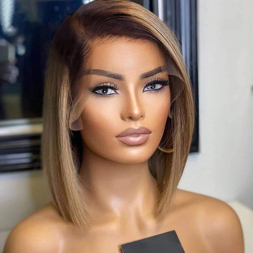 HD Lace Front Bone Straight 1B/gray Color Short Wig Bob